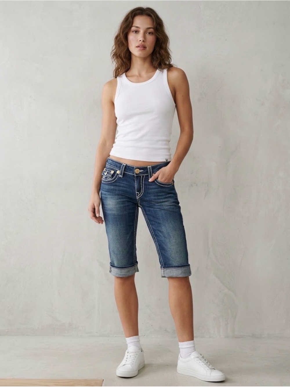 True Religion Bermuda Whipstitch Flap Pocket denim cuffed shorts 32